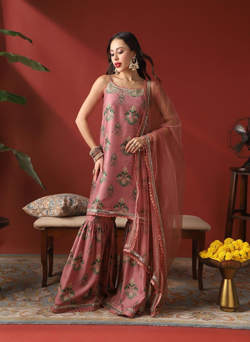 Globus Women Pink Ethnic Print Embroidered Round Neck Strappy Sleeves Kurta With Sharara & Dupatta Festive Set - Image 1
